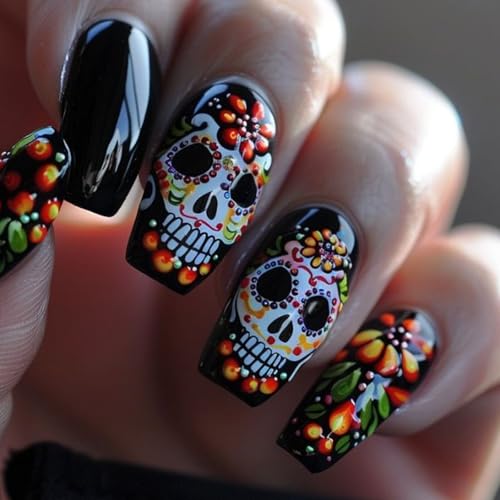 Halloween Fake Nails Medium Coffin Press-On Nails with Colorful Skull Design - Halloween Style2, 24 Pcs