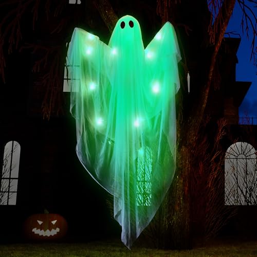 Halloween Hanging Ghost Light - Green LED Ghost Decoration, 47 Inches Waterproof Outdoor & Indoor Decor with Timer