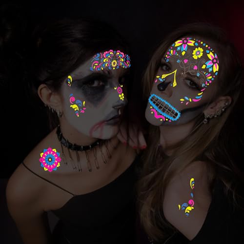 Glow UV Skeleton Temporary Tattoos - Day of The Dead Sugar Skull Face Stickers, 9 Sheets