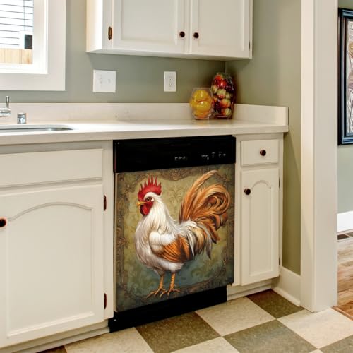 Rooster Flower Ethnic Dishwasher Magnet Cover A04 - Magnetic Fridge Decor 23x26 inches