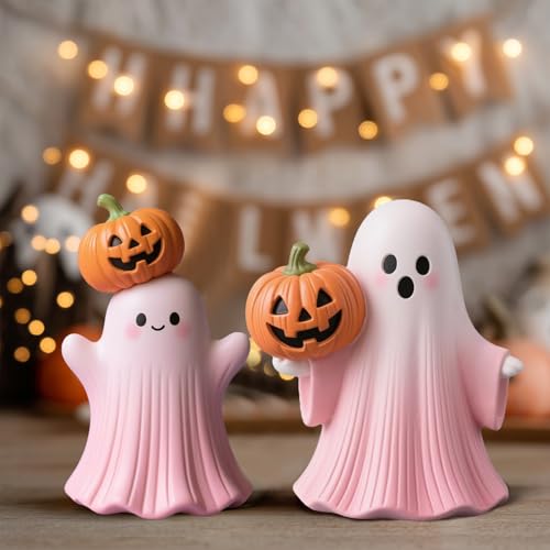 Pink Halloween Ghost Figurine with Pumpkin Indoor Decor - LifeNest