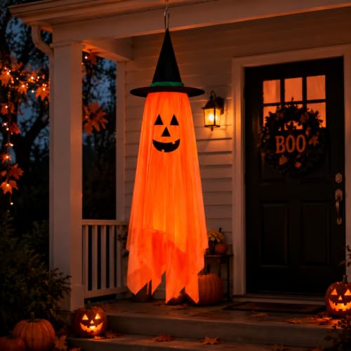 Halloween Ghost Hanging Decor - Foldable Cloth Witch Hat with Lanyards, 39.4 Inch, Reusable for Tree Porch Yard Ceiling Wall