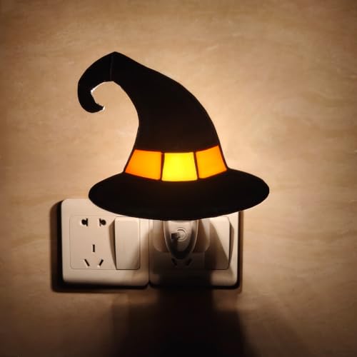 Witch Hat Night Light - Stained Glass Plug-in Halloween Decor - Yellow Variation