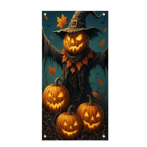 Halloween Pumpkin Scarecrow Door Cover - 35x71 Inch Polyester, Pumpkin Scarecrow Variation