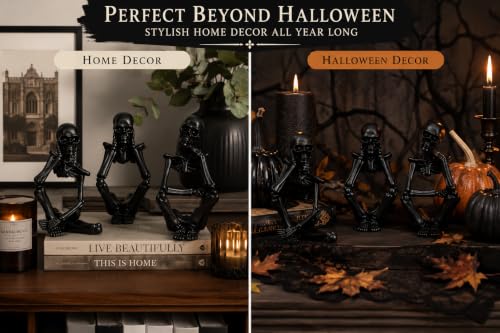 Black Skeleton Decor Set of 3 - Gothic Thinker Skeleton Figurines for Home & Halloween Decor