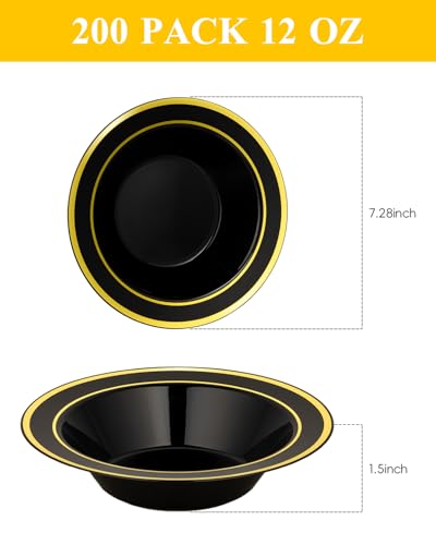 200 Pack Black Disposable Bowls with Gold Rim - Heavy Duty Party & Catering Serveware