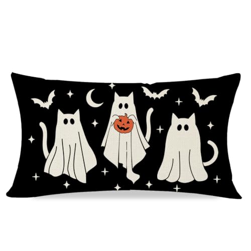 Halloween Throw Pillow Cover 12x20 Ghost Cat Black - Farmhouse Decor