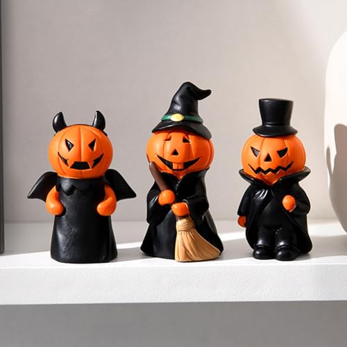 Halloween Miniature Pumpkin Figurines Set of 3 - Resin Decorations for Tabletop Fireplace Mantle Indoor Gifts