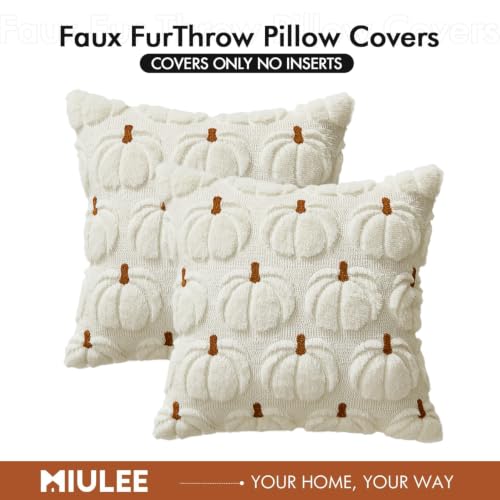 Fall Pumpkin Pillow Covers Set - Cream White with 3D Embroidered Pumpkins, 16x16 Inches, Pack of 2