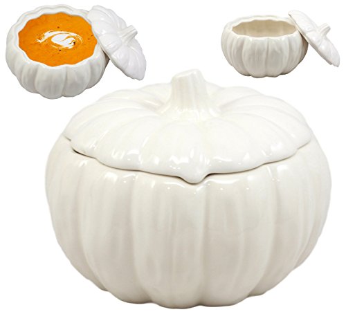 Ceramic Pumpkin Bowl with Lid - 6 Inch Harvest Pumpkin Serveware - White