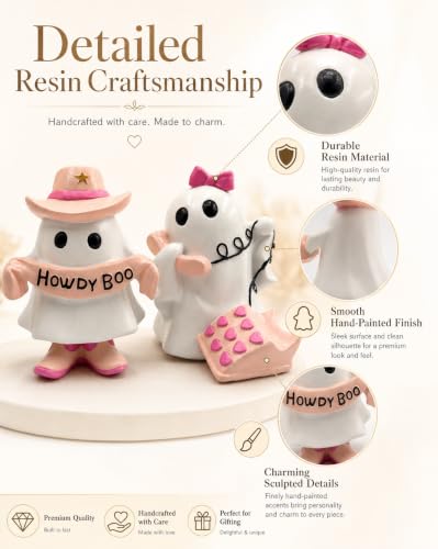 Pink Howdy Boo Ghost and Telephone Resin Halloween Figurines Set - Cute Ghost Decor