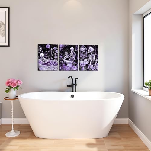 Gothic Skeleton Wall Art Set - Purple Moody Bathroom Decor 12x16 Inch Framed