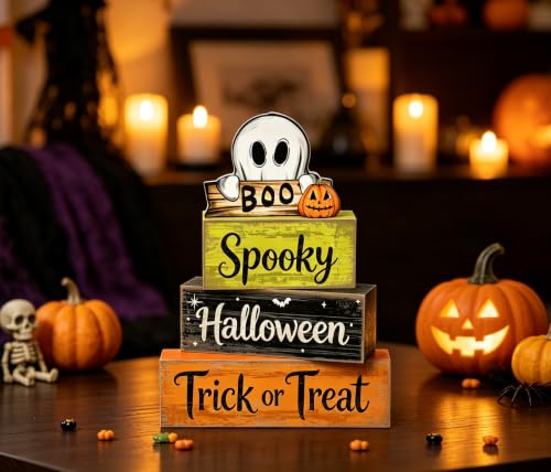 Halloween Tiered Tray Decor Wooden Sign Set Boo Pumpkin Ghost Rustic Fall Home