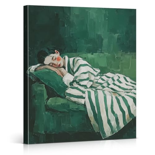 Emerald Green Woman Canvas Wall Art - Abstract Bedroom Decor - Variation D