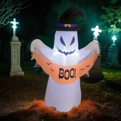 4FT Halloween Inflatable Ghost with LED Lights - Outdoor Yard Decor, Blow Up Haunted Ghost, Waterproof