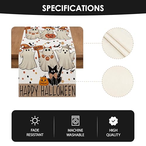 Halloween Table Runner with Cute Ghosts Black Cat and Pumpkin 13x72 Inches Festive Fall Decor