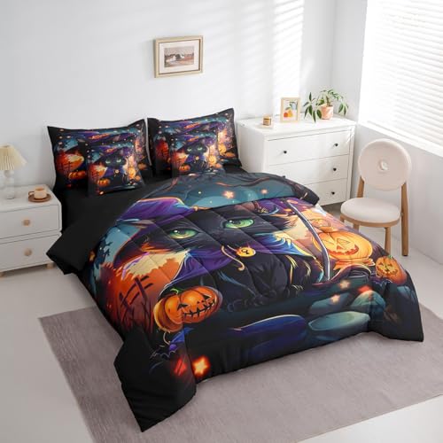 Halloween Black Purple Cat Bed in a Bag Set Full Size with Pumpkin Lantern Decor - Trick or Treat Bedding