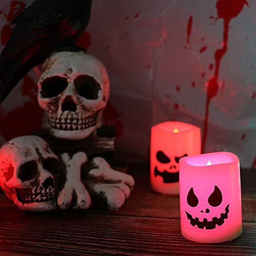 Color Changing Flameless Candles with Remote Timer - Halloween Ghost Face LED Votive Set