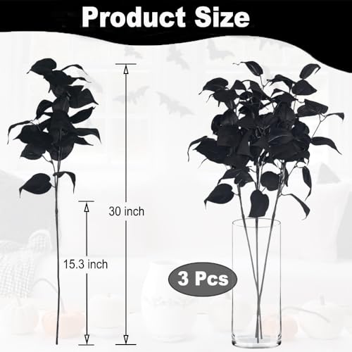 Artificial Black Ivy Stems - 3 Pack 30 Inch Faux Black Leaf Branches for Gothic Decor & Weddings - Black-Evergreen