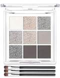 Grey Black Smoky Eyeshadow Palette - 9 Color Matte Shimmer Glitter Makeup Set with Brush