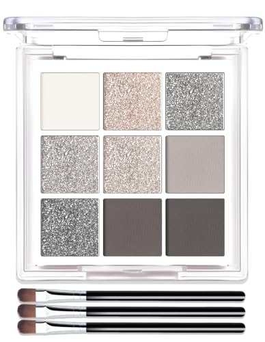 Grey Black Smoky Eyeshadow Palette - 9 Color Matte Shimmer Glitter Makeup Set with Brush