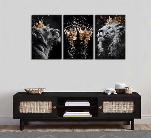 Lion Wall Art Canvas - 12x16 Inch Framed Animal Decor with Golden Crown - Lion Wall Decor