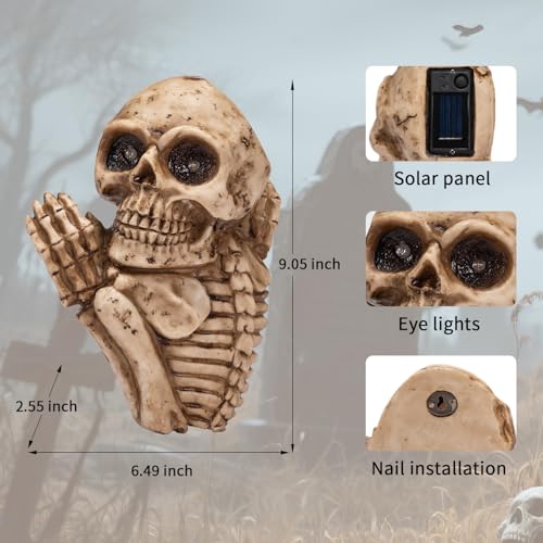 Aged Halloween Skull Solar Light Outdoor 9'' Spooky Skeleton Garden Decor - Ghost & Tree Peeker
