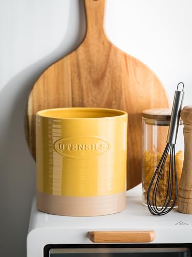 Ceramic Kitchen Utensil Holder with Yellow & Clay Finish - 6.7 Inches, Organize Countertop