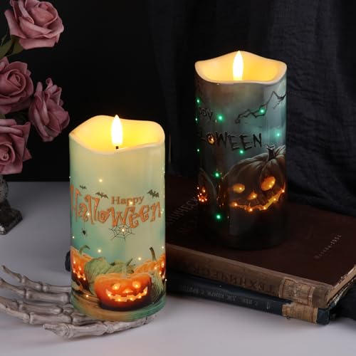 Halloween Pumpkin Fiber Optic Flameless Candles with Remote Control - Set of 2