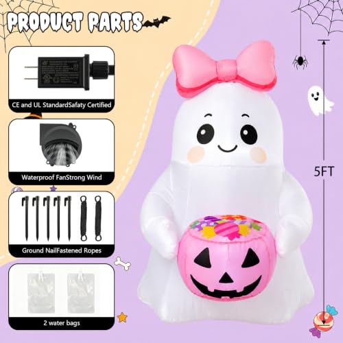 5 FT Pink Halloween Inflatable Ghost Outdoor Yard Decoration