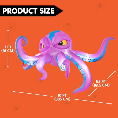 10FT Long Halloween Inflatable Rooftop Octopus with LED Lights - Spooky Outdoor Decor - Blue Tentacled Variation
