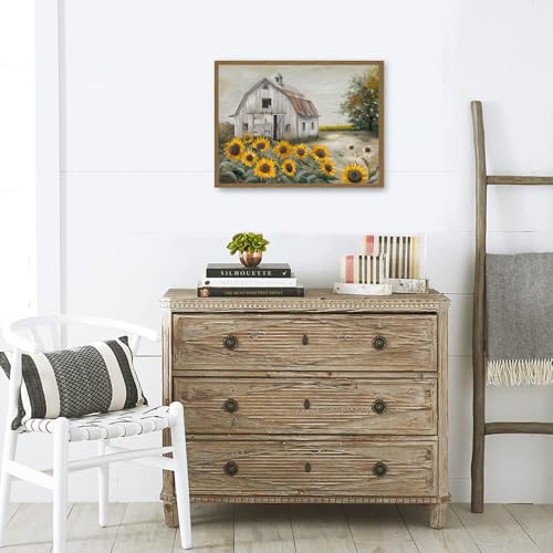 Barn Sunflower Wall Art Canvas - Rustic Farmhouse Decor, 16x12 Inch, Ready to Hang