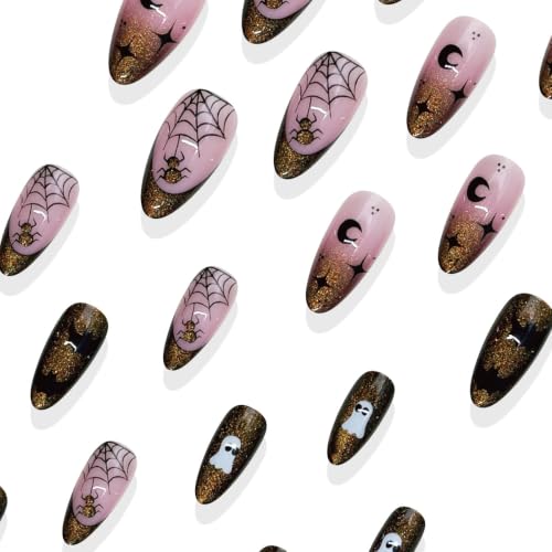 Fall Halloween Press-On Nails Medium Almond - Brown Cat Eye Style-42