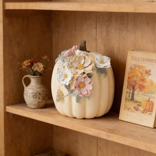 Creamy White Pumpkin Decor - 9-Inch Hand-Painted Resin Fall Halloween & Thanksgiving Decoration - Variation: Cream