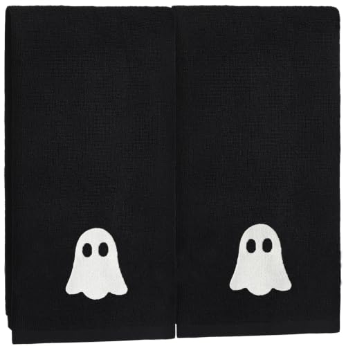 Halloween Hand Towels Set of 2 - Embroidered Ghost Bathroom Decor - Black Ghost Variation