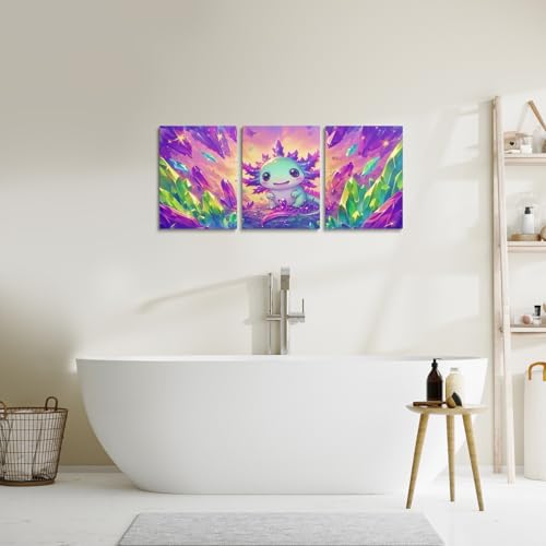3D Axolotl Wall Art Set - Purple Green Canvas Posters for Home Decor