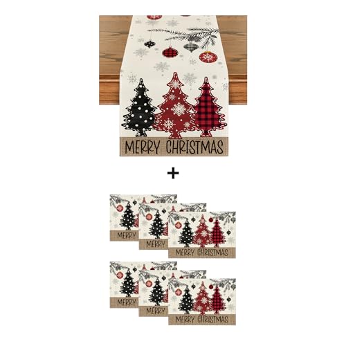Christmas Table Runner & 6 Place Mats Set - Red Pine Trees Holiday Decor