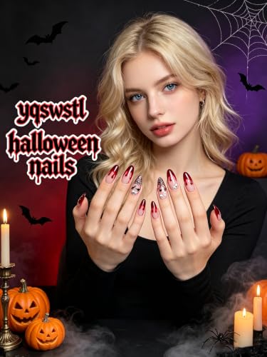 Halloween Fake Nails Set - Medium Almond Nude Blood Red Bat Skull 35 Variations