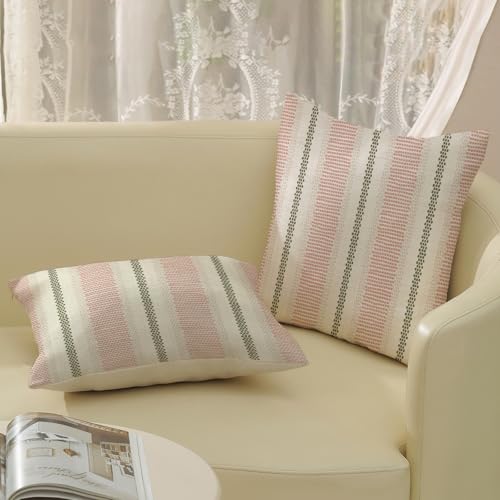 22x22 Inch Boho Pillow Covers Set of 2 - Pink Sage Green Linen Throw Pillows