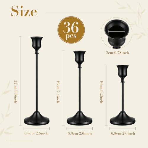 36 Pack Black Metal Taper Candle Holders Set - Rustic Modern Decor