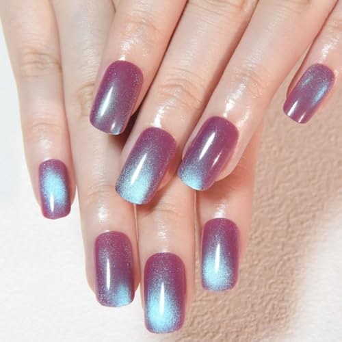 evpct Mauve Blue Reflective Cat Eye Press-On Nails Medium Square - Pack of 1