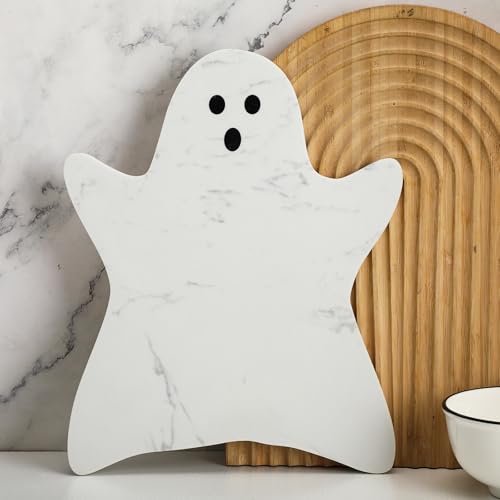 Halloween Ghost Marble Cheese Board - White Marble Charcuterie Platter, 11.8x9.8 Inch, Decorative Serving Tray for Halloween & Festive Parties
