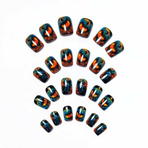 Halloween Press On Nails Short Square Style11 - Pumpkin Ghost Magma Spooky Design