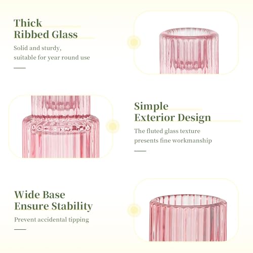 Pink Glass Taper Candle Holders Set of 10 - Elegant Short Candlestick Decor