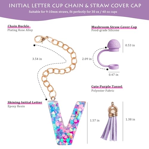 Purple Macron Heart Sequins Initial Letter Cup Charm & Straw Cover Cap for Stanley Cup
