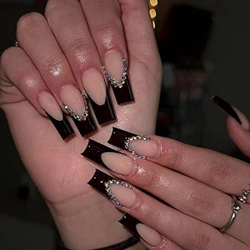 Black French Tip Square False Nails - Style 2, Reusable 24 Pcs with Rhinestones