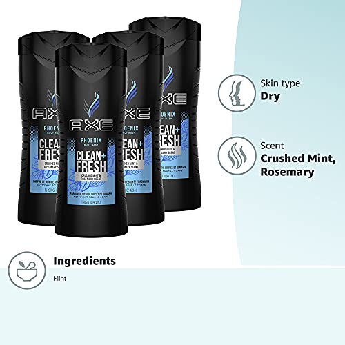AXE Body Wash Phoenix 4 Count 12h Refreshing Scent Crushed Mint & Rosemary Men's Body Wash with 100% Plant-Based Moisturizers 16 oz