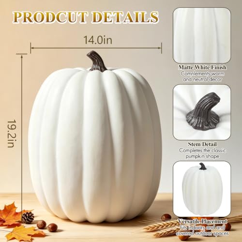 Artificial White Pumpkin Decor - 19 Inch Fall Halloween Thanksgiving
