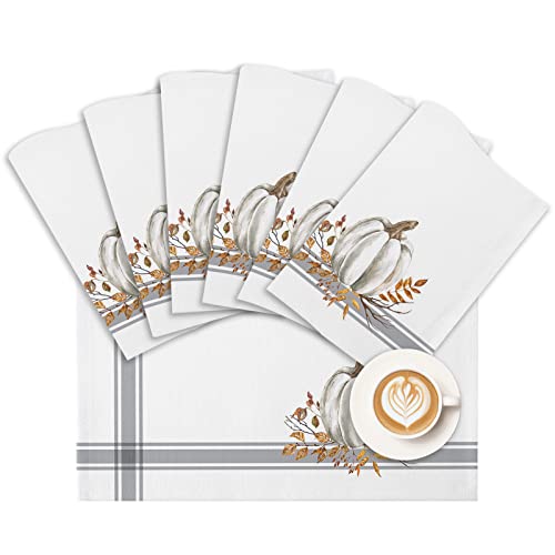 Gray 6-Piece Fall Thanksgiving Placemats with White Pumpkin Leaf Design - Cotton Linen Washable Table Mats