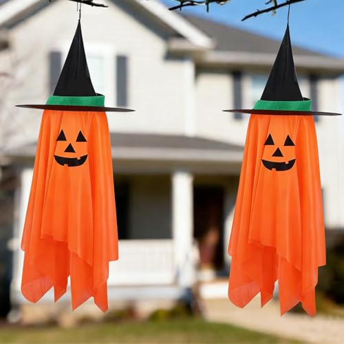 Halloween Hanging Pumpkin Witch Hat Decorations Set - Outdoor Reusable Fall Yard Ornaments